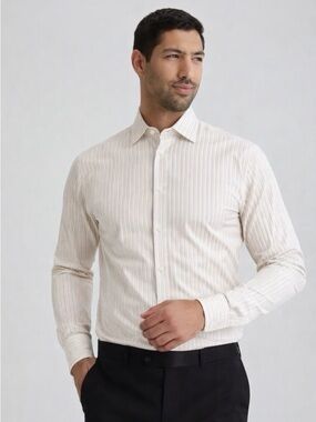 Brioni Men’s Cream & Tan Striped Dress Shirt – French Cuffs, Size 17 (42R)